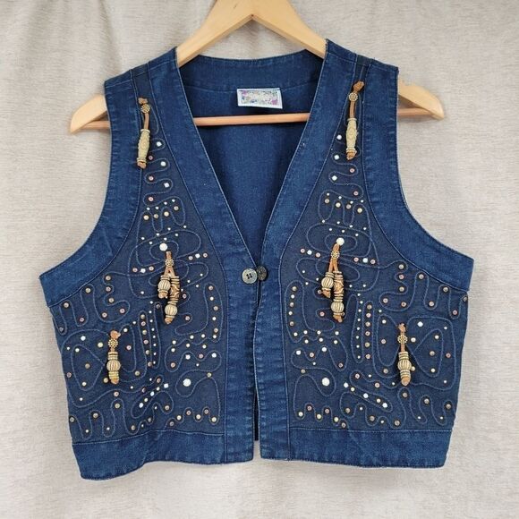 Monique Fashions Jackets & Blazers - Monique Fashions Denim Jean Boho Vintage Studded Beaded Fringe Vest Western